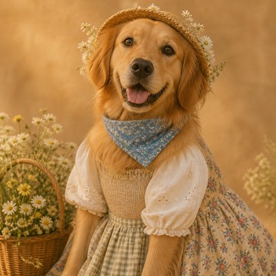 portrait of a golden retriever wearing a blue bandana, warm plain backdrop, no text
