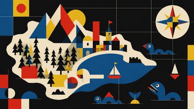 a map of an island realm with mountains, forests, a sheltered bay, sea monsters in the water and a compass rose, no text labels