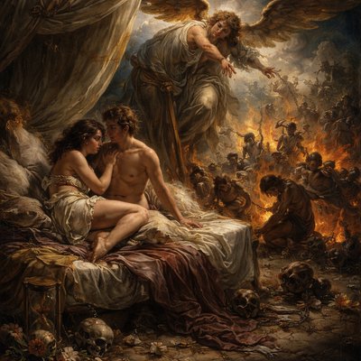 Express without words. Please keep image PG standards “Behold, I will cast her into a bed, and them that commit adultery with her into great tribulation, except they repent of their deeds.” (Revelation 2:22, KJV) adding as a setting the idea of travail.


