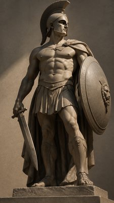 ancient greek athlete standing with shield, sword, and helmut