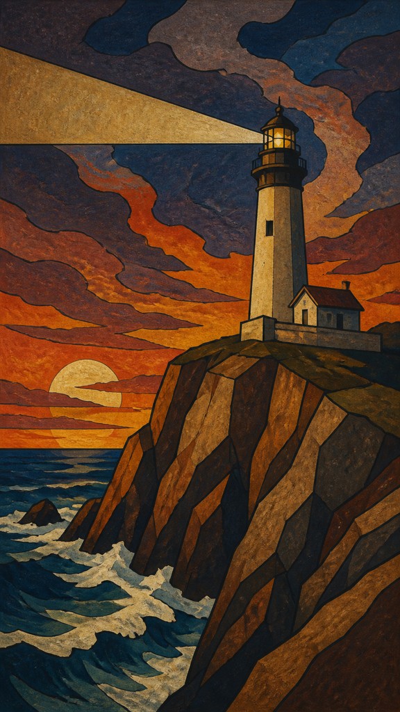 a lone lighthouse on a cliff at dusk under a dramatic sky, no text or lettering