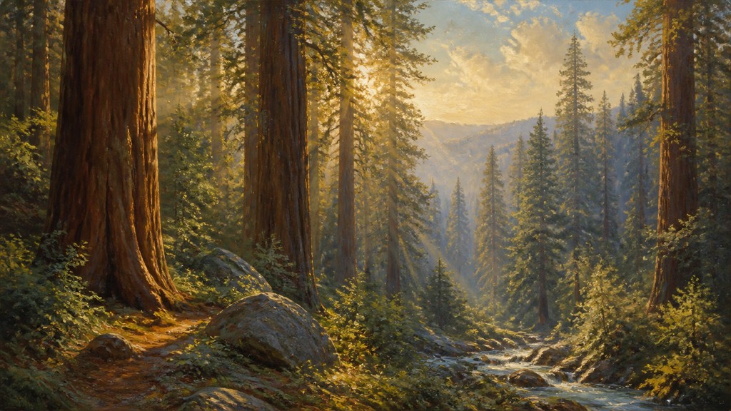 a panoramic redwood forest with light rays through mist, no people