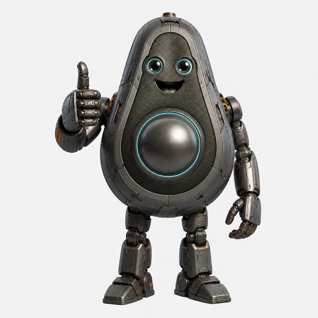 a happy avocado character giving a thumbs up, bold readable design on a plain background, no text