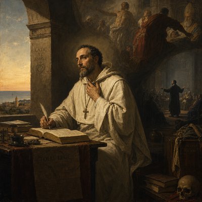 Augustine of Hippo in white robe writing his autobiography
