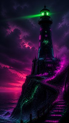a lone lighthouse on a cliff at dusk under a dramatic sky, no text or lettering