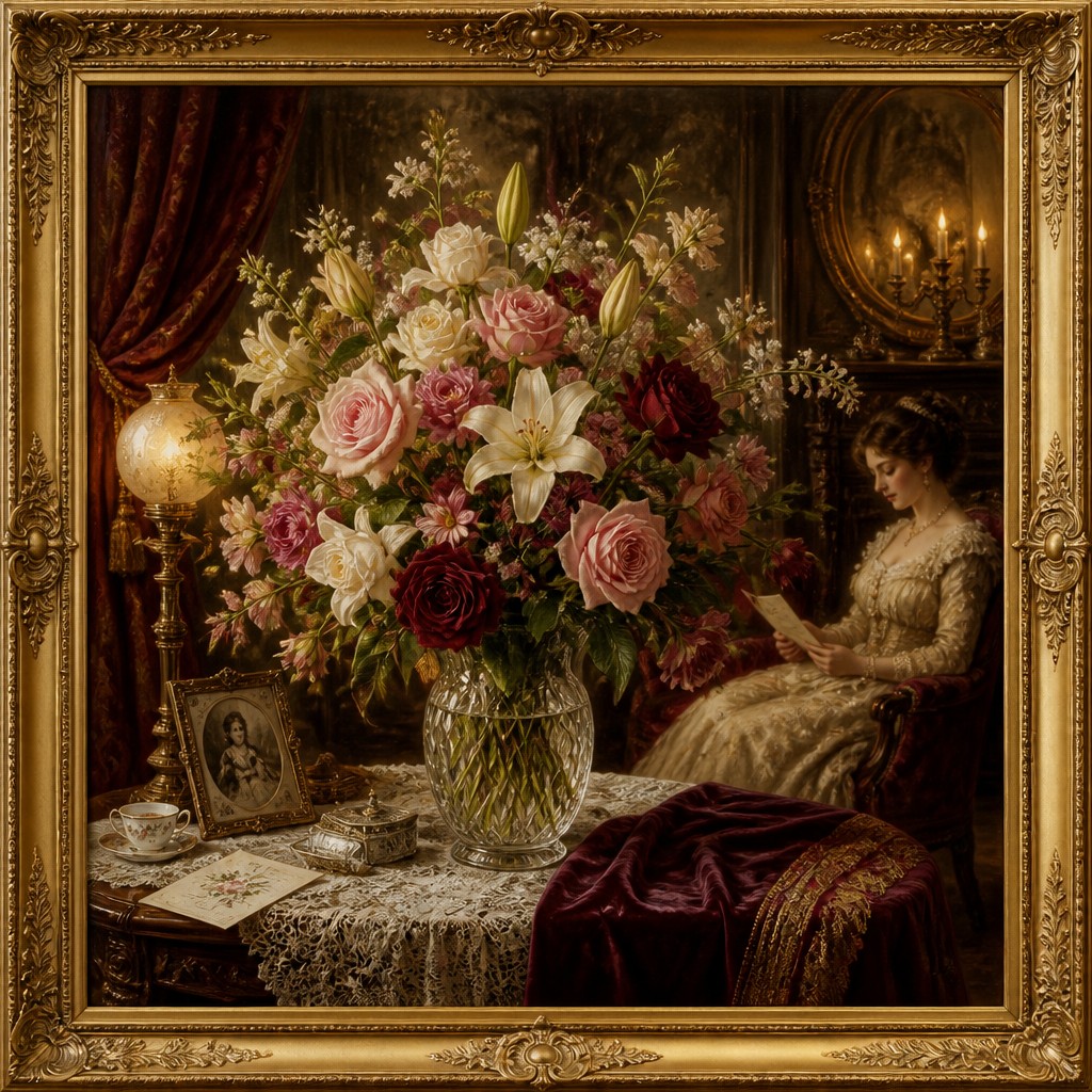bouquet of flowers in a glass vase — Victorian Art Style