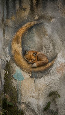 a sleeping baby fox curled on a crescent moon among soft stars, gentle and warm, no text