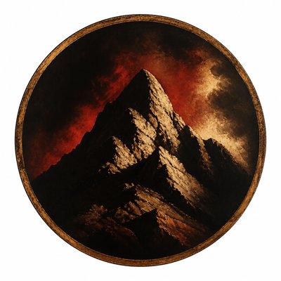an emblem of a mountain peak inside a circle, simple bold shapes on a plain background, no text or lettering