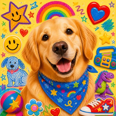 portrait of a golden retriever wearing a blue bandana, warm plain backdrop, no text