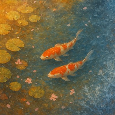 A koi pond seen from above, orange and white koi fish swimming among lily pads, clear water with subtle ripples, fallen cherry blossom petals floating on the surface, dappled sunlight