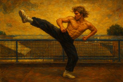 a painting of a man doing a kickbox pose