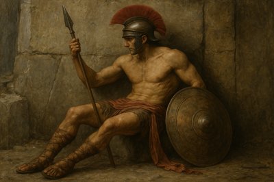 a painting of a man with a sword and a shield