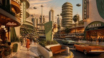 bustling city street panorama at dusk