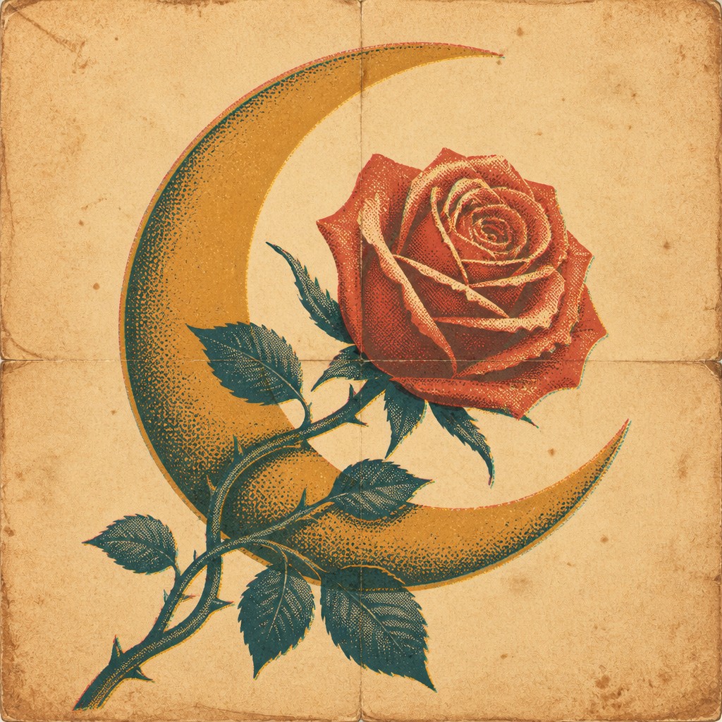 a rose entwined with a crescent moon, clean balanced composition on a plain background, no text