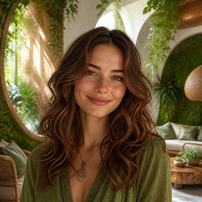 head-and-shoulders portrait of an original character: a young woman with wavy chestnut hair and a warm smile, plain soft backdrop