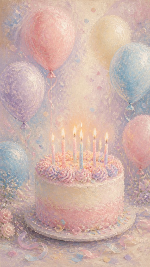 a birthday cake with lit candles surrounded by balloons and confetti, festive vertical composition, no text