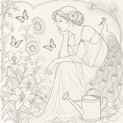 a garden scene with butterflies, flowers and a watering can, clean uncolored line art, no text