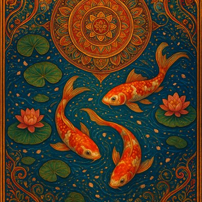 A koi pond seen from above, orange and white koi fish swimming among lily pads, clear water with subtle ripples, fallen cherry blossom petals floating on the surface, dappled sunlight