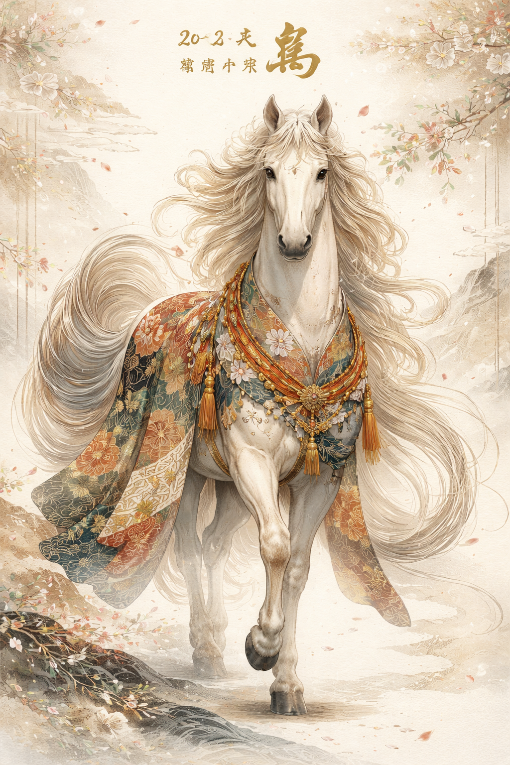 Masterpiece of Japanese fantasy illustration, ultra-detailed, refined high-end aesthetic, majestic horse as a Shōgatsu New Year symbol, complete and graceful form, body adorned with intricate traditional Japanese motifs inspired by kimono textiles and Edo-period patterns, including seigaiha waves, asanoha geometry, and subtle sakura accents, delicate gold leaf and fine metallic ink tracing contours, ultra-fine linework with hand-inked precision, standing against a minimal washi-paper background in soft ivory with muted crimson and ink-black accents, flowing mane and tail with elegant, elongated motion conveying calm strength and forward momentum, mid-shot, front-facing composition, balanced use of negative space, refined textile-like textures, quiet ceremonial atmosphere, 8K resolution, hyper-detailed yet painterly rendering, museum-quality illustration, subtle gold calligraphy text at top reading “2026 年 馬” with a smaller inscription “謹賀新年”, in the style of Japanese ink illustration blended with contemporary fantasy art, delicate line-art, restrained color palette, timeless and elegant