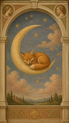 a sleeping baby fox curled on a crescent moon among soft stars, gentle and warm, no text