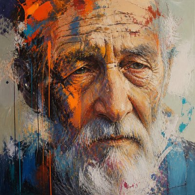 close-up portrait of an elderly person with expressive weathered features