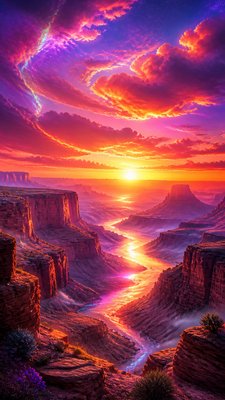 a desert canyon under a dramatic sunset sky, no people