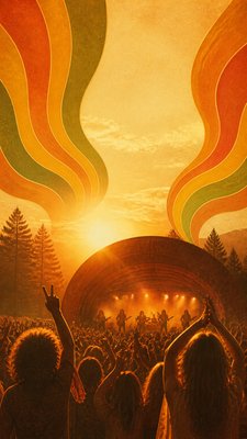 a live music scene with a glowing stage and silhouetted crowd, energetic vertical composition with open space at the top, no text