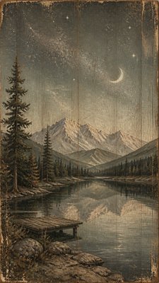 a tranquil mountain lake beneath a starry night sky, no people, no text