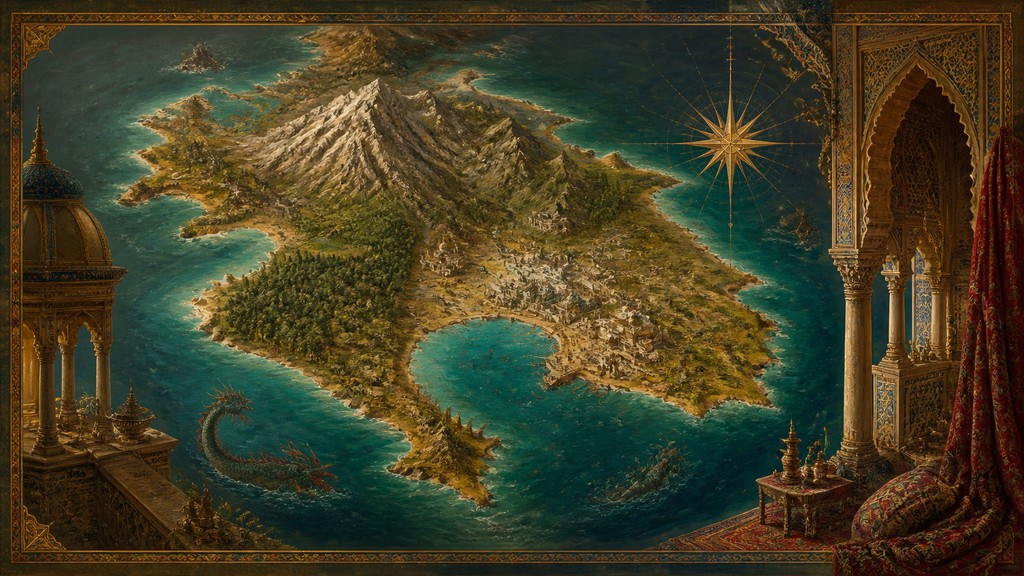 a map of an island realm with mountains, forests, a sheltered bay, sea monsters in the water and a compass rose, no text labels