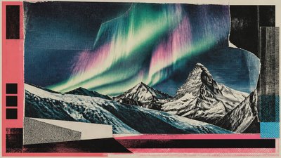 a flowing aurora over snowy peaks, wide sweeping composition, no people, no text
