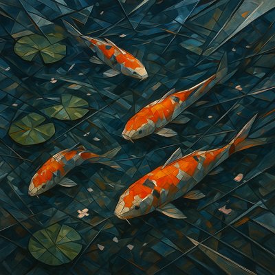 A koi pond seen from above, orange and white koi fish swimming among lily pads, clear water with subtle ripples, fallen cherry blossom petals floating on the surface, dappled sunlight