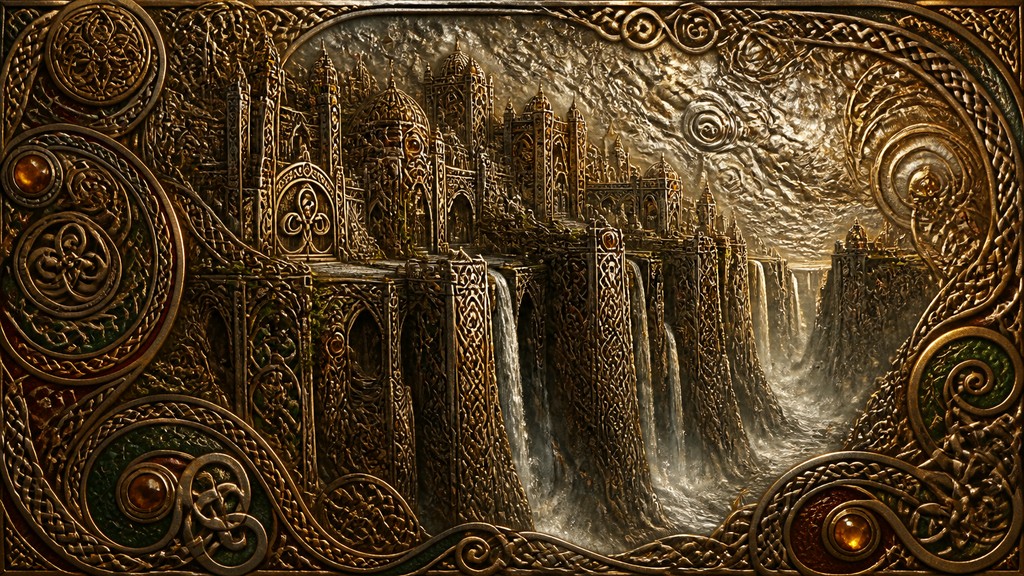 a cliffside city with waterfalls cascading into a misty canyon, wide establishing shot, no people, no text