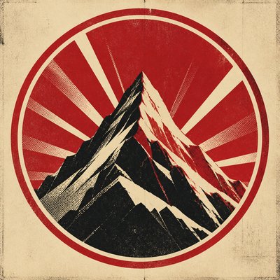 an emblem of a mountain peak inside a circle, simple bold shapes on a plain background, no text or lettering