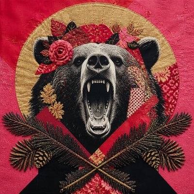 a roaring bear head above crossed pine branches, bold graphic composition on a plain background, no text