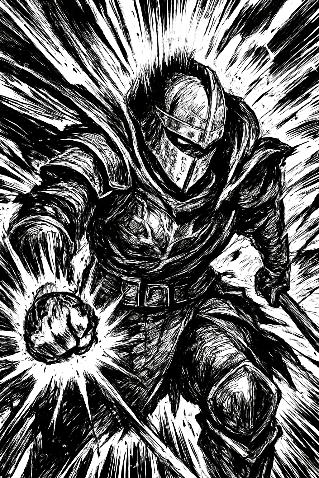 a black and white drawing of a man with a sword