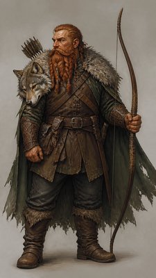 full-body original character: a dwarven ranger with a braided auburn beard, worn leather armor, a longbow and a wolf-pelt cloak, neutral background, no text