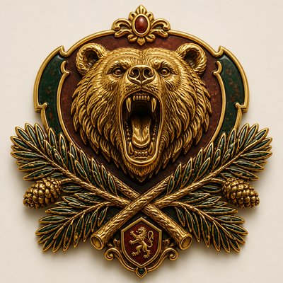a roaring bear head above crossed pine branches, bold graphic composition on a plain background, no text