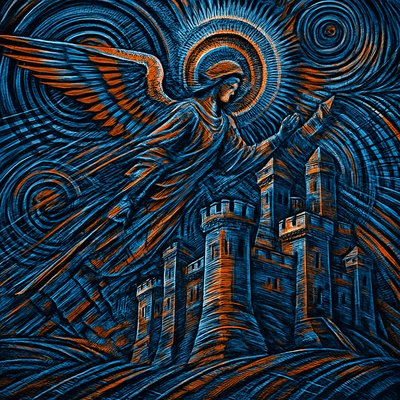 A great fortress under a majestic, cosmic, heavenly sky, protected by an angel of God. -