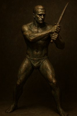 a bronze statue of a man holding a sword