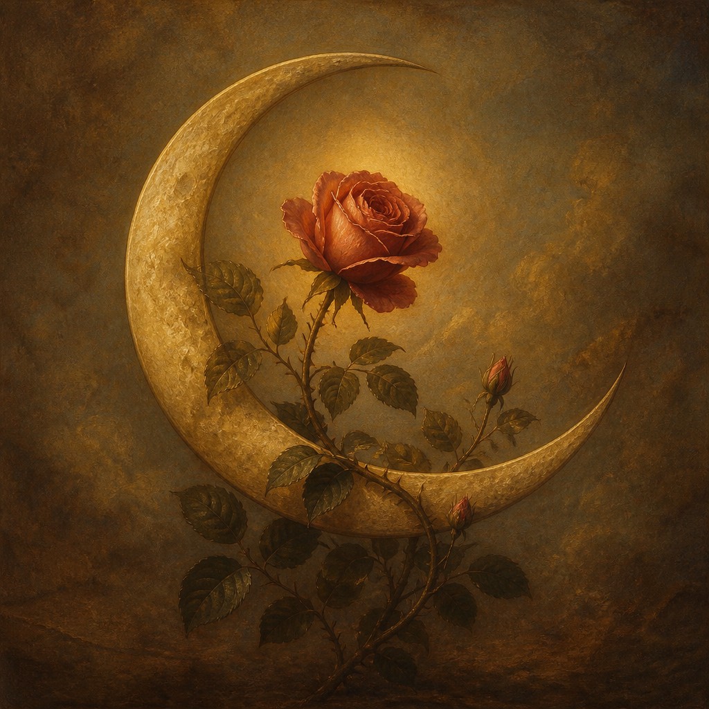 a rose entwined with a crescent moon, clean balanced composition on a plain background, no text