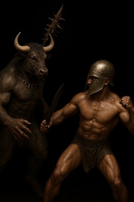 a painting of a man and a demon fighting