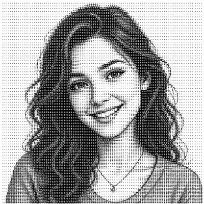 head-and-shoulders portrait of an original character: a young woman with wavy chestnut hair and a warm smile, plain soft backdrop
