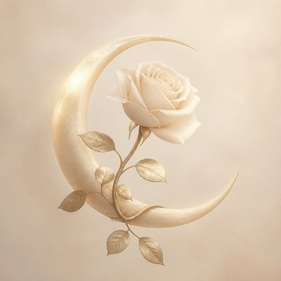 a rose entwined with a crescent moon, clean balanced composition on a plain background, no text
