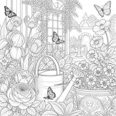a garden scene with butterflies, flowers and a watering can, clean uncolored line art, no text