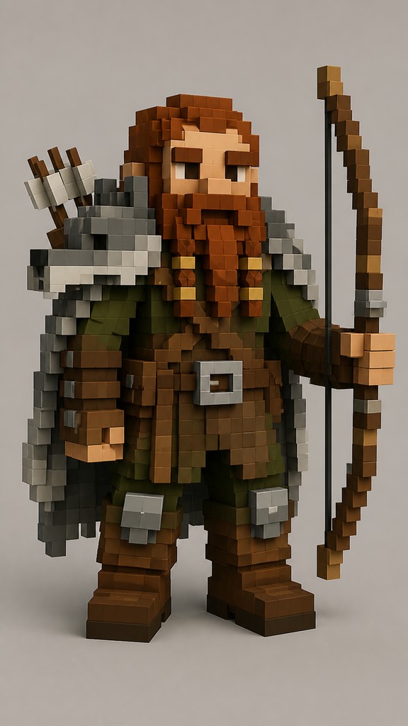 full-body original character: a dwarven ranger with a braided auburn beard, worn leather armor, a longbow and a wolf-pelt cloak, neutral background, no text