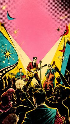 a live music scene with a glowing stage and silhouetted crowd, energetic vertical composition with open space at the top, no text