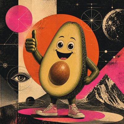 a happy avocado character giving a thumbs up, bold readable design on a plain background, no text