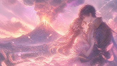 an erupting volcano with lightning strikes, dramatic wide composition, no text