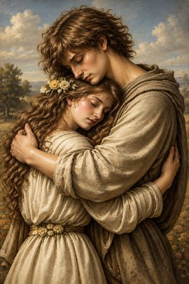 a painting of two people embracing each other