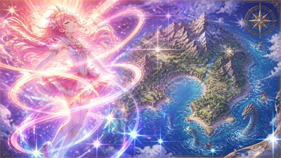 a map of an island realm with mountains, forests, a sheltered bay, sea monsters in the water and a compass rose, no text labels